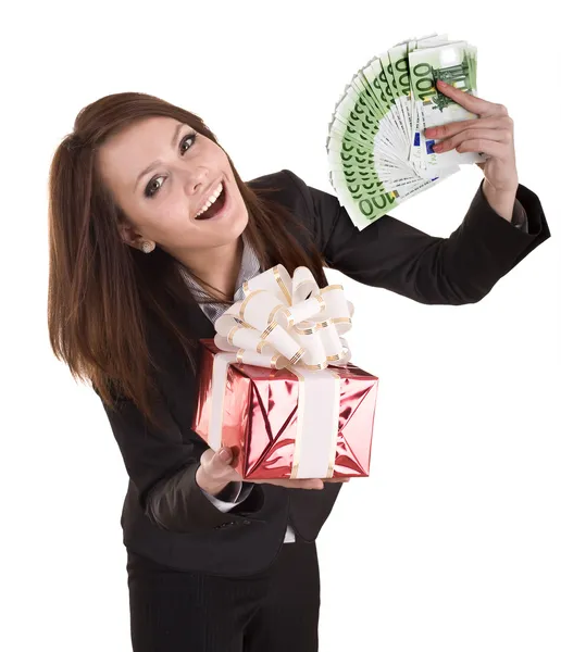 Mujer de negocios con dinero, caja de Navidad roja . —  Fotos de Stock