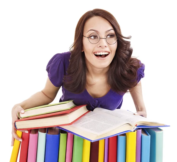 Chica en gafas con apilar libro  . — Foto de Stock