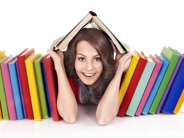 Meisje met stapel boek in kleur. . — Stockfoto