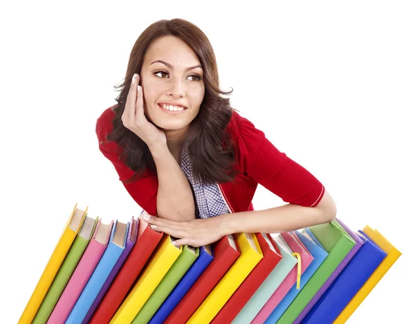 Meisje met stapel boek in kleur. . — Stockfoto