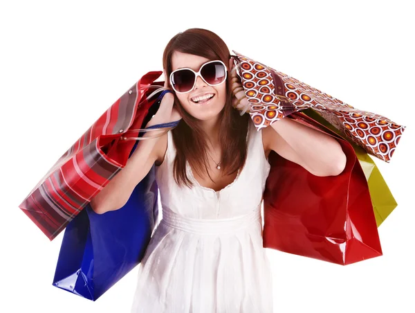 Shopping Girl mit Gruppentasche. Stockfoto