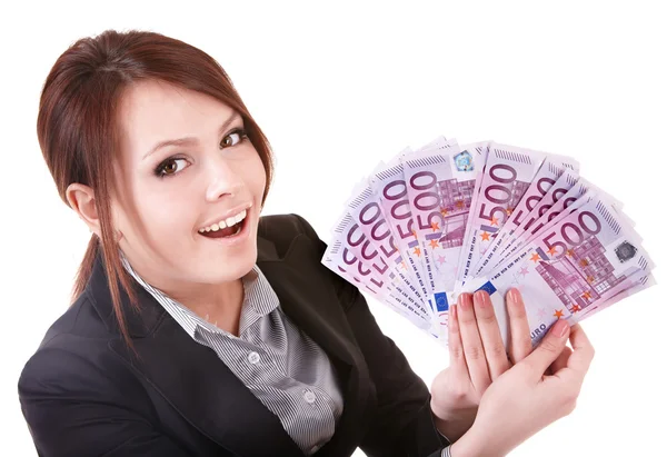Młoda kobieta trzyma pieniądze euro. Obraz Stockowy