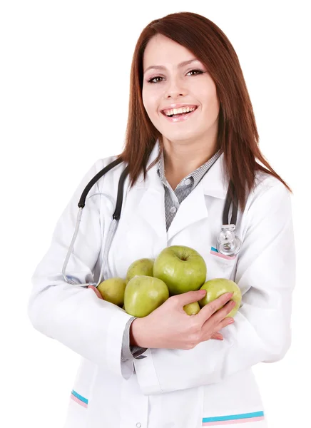 Γιατρός με το στηθοσκόπιο κρατώντας πράσινο μήλο.. — Φωτογραφία Αρχείου