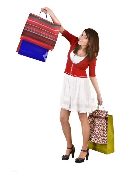 Glad tjej med påse shopping. — Stockfoto