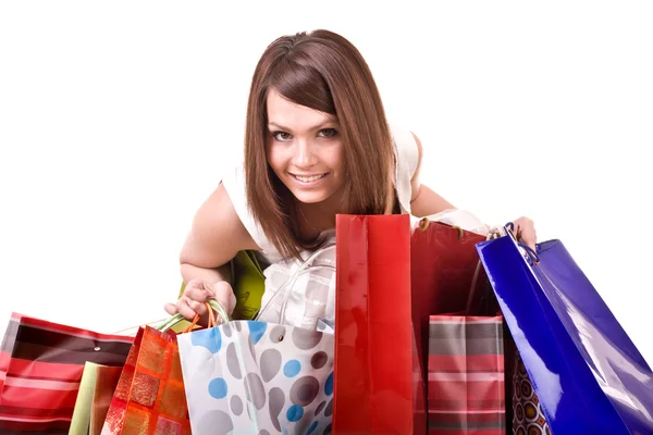 Shopping-tjej med gruppen väska. — Stockfoto