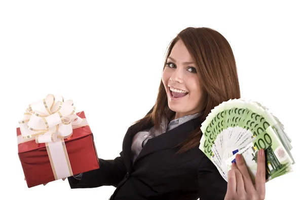 Affärskvinna med pengar, presentkort, box. — Stockfoto