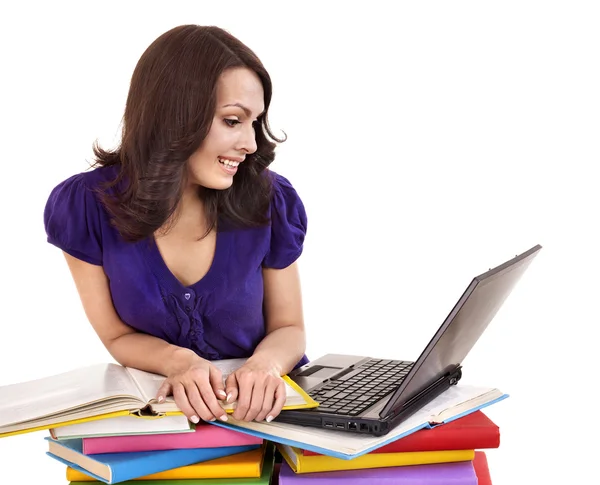 Lány verem színes könyv és laptop. — Stock Fotó