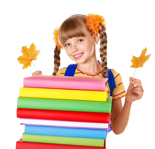 Dívka hospodářství hromadu knih. — Stock fotografie