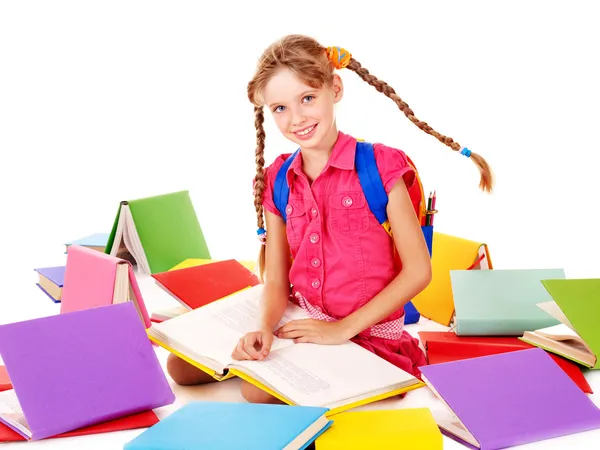 School meisje houdt van stapel boeken. — Stockfoto