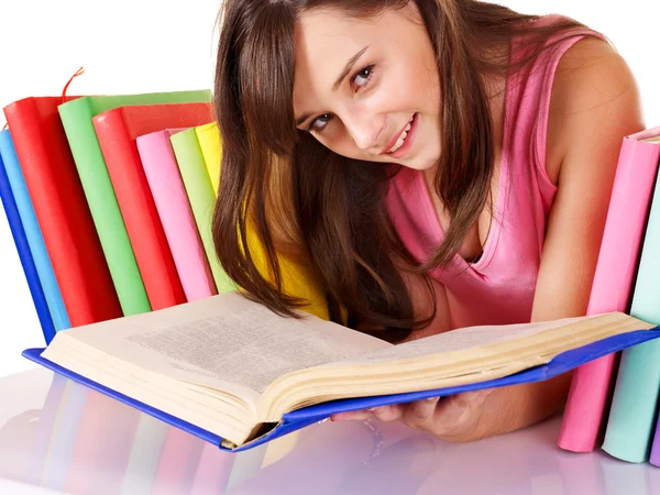 Dívka s knihou barevné hromádky . — Stock fotografie