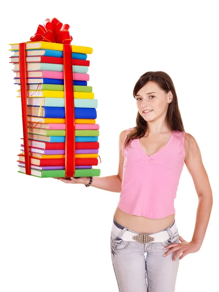 Chica sosteniendo pila de libro . — Foto de Stock