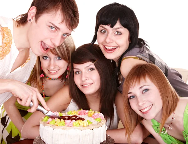 Groep van gelukkige jonge met cake. — Stockfoto