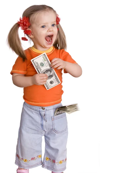 Flicka med dollar sedel. — Stockfoto