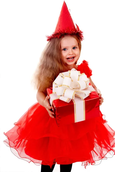 Birthday child in red dress with gift box. — Stock Photo, Image