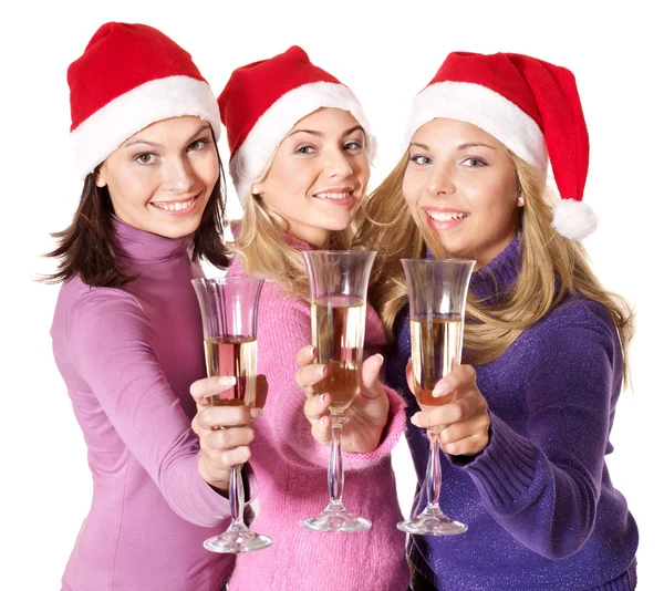 Ragazze in cappello di Babbo Natale bere champagne — Foto Stock