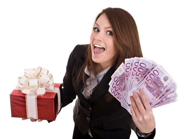 Geschäftsfrau mit Geld, Geschenkbox,. isoliert. — Stockfoto