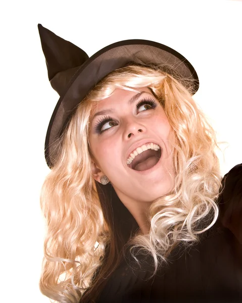 Bruxa loira em vestido preto e chapéu . — Fotografia de Stock