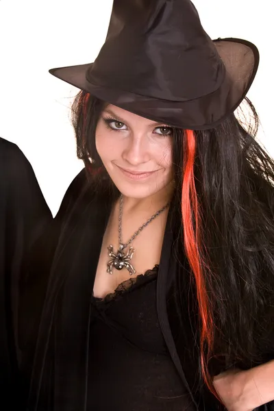 Bruja en vestido negro y sombrero . — Foto de Stock