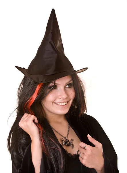 Čarodějnice v černých šatech a klobouk. — Stock fotografie