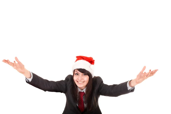 Girl in business suit, santa hat with arms raised. — Stock Photo, Image