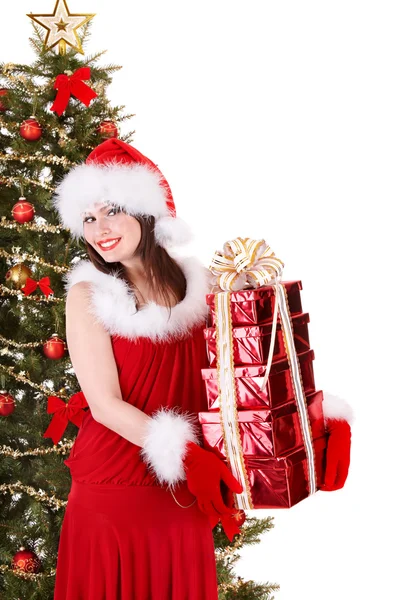 Χριστούγεννα κορίτσι στη Σάντα κρατώντας στοίβα δώρου. — Φωτογραφία Αρχείου