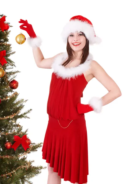 Chica en sombrero de santa celebración de la bola de Navidad . — Foto de Stock