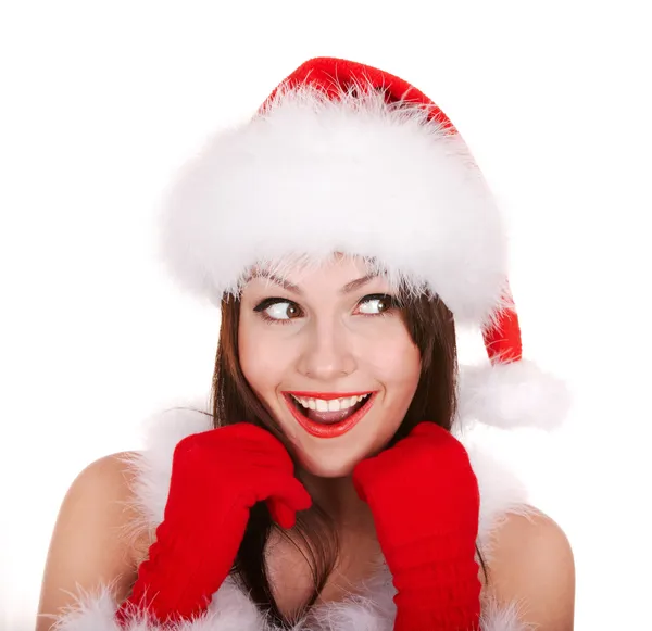 Weihnachtsmädchen mit rotem Weihnachtsmann-Hut. — Stockfoto