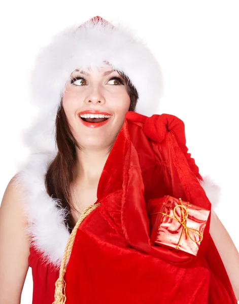 Chica de Navidad en sombrero de santa con saco de regalo . — Foto de Stock