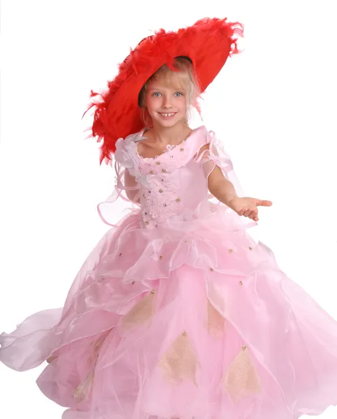 Girl in pink dress and red hat — Stock Photo, Image