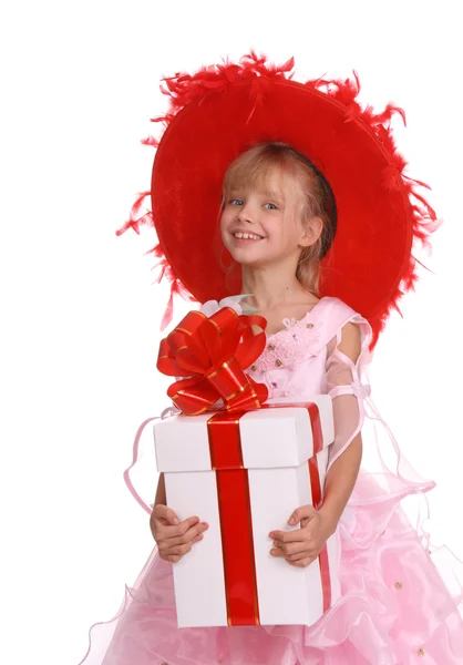 Girl in the red hat and the box. — Stock Photo, Image