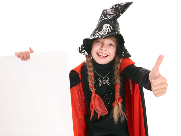 Child girl witch in black costume with thumb. — Stock Photo, Image