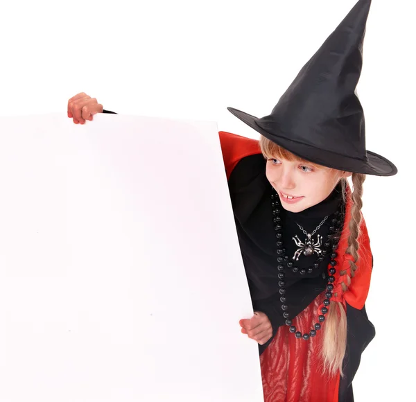 Criança bruxa segurando banner  . — Fotografia de Stock