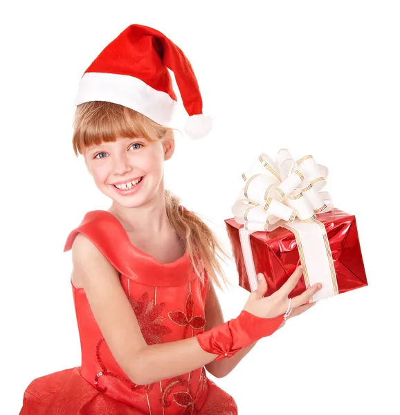 Kind in Kerstman hoed, bedrijf rode luxe-geschenketui. — Stockfoto