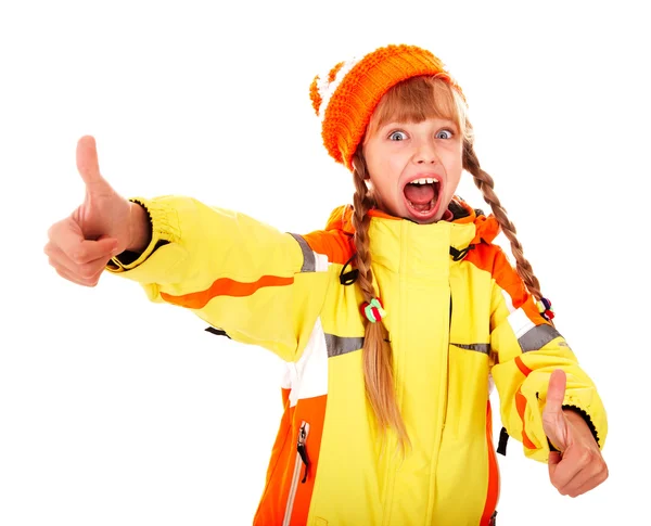 Girl in autumn orange hat with thumb up. — Stock Photo, Image