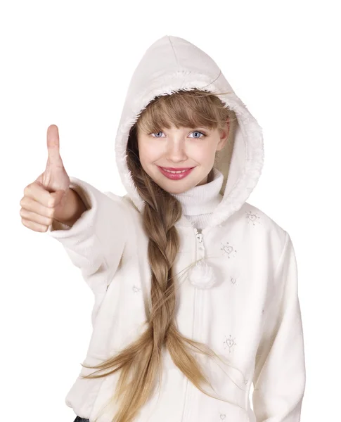 Menina jovem no casaco de inverno mostrando polegar para cima . — Fotografia de Stock