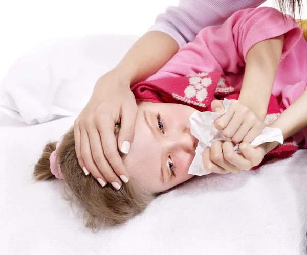 Sick child with handkerchief in bed. — Stock Photo, Image