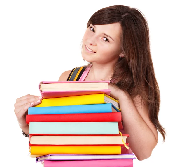 Meisje met stapel gekleurde book . — Stockfoto