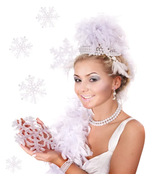 Giovane donna in possesso di fiocco di neve . — Foto Stock
