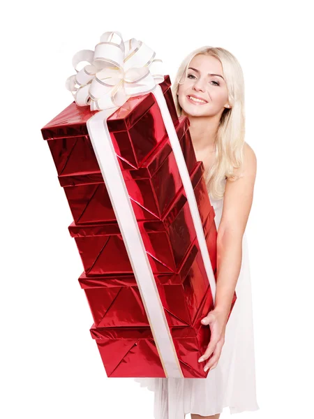 Mädchen hält Stapel Geschenkbox .. — Stockfoto