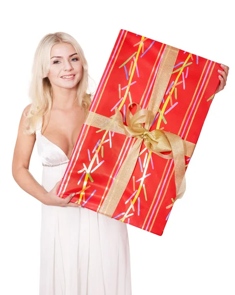 Chica sosteniendo caja de regalo roja  .. — Foto de Stock