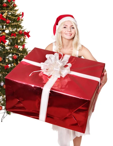 크리스마스 여자 산타 모자 주는 빨간 선물 상자. — 스톡 사진