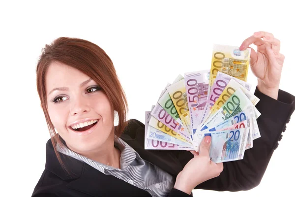 Jeune femme tenant de l'argent en euros . Image En Vente