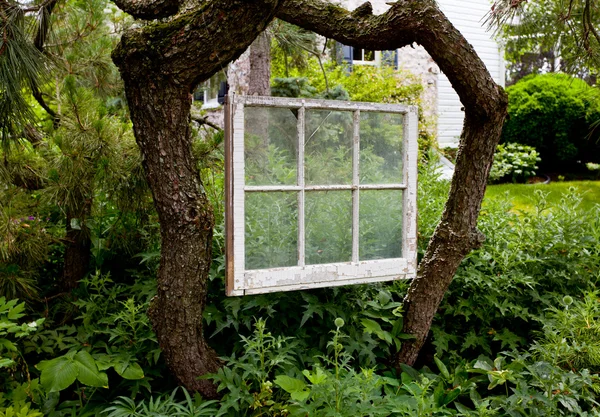 Cadre de fenêtre peint délavé dans le jardin — Photo