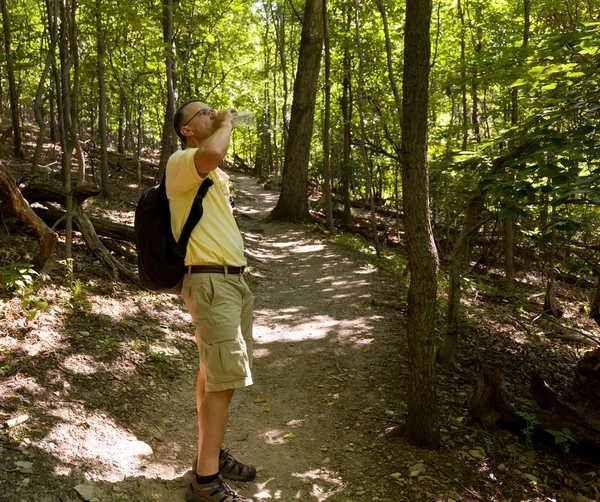 Старший чоловік ходить в лісі з рюкзаком — стокове фото