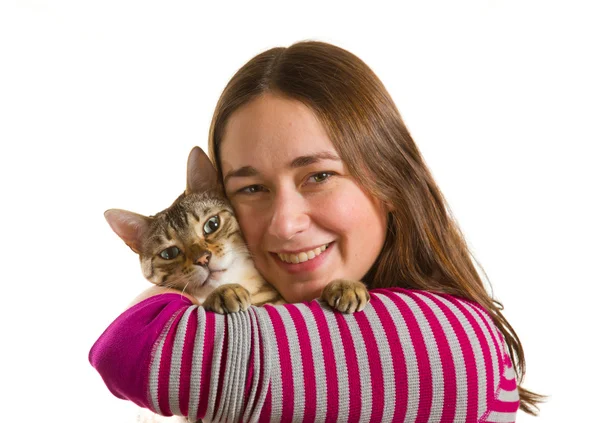 Бенгальский котенок на руке молодой девушки перед камерой — стоковое фото