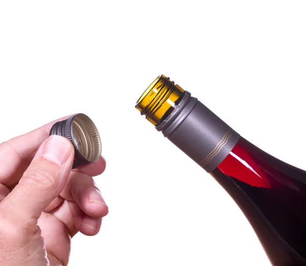 stock image Red wine bottle opened screw top