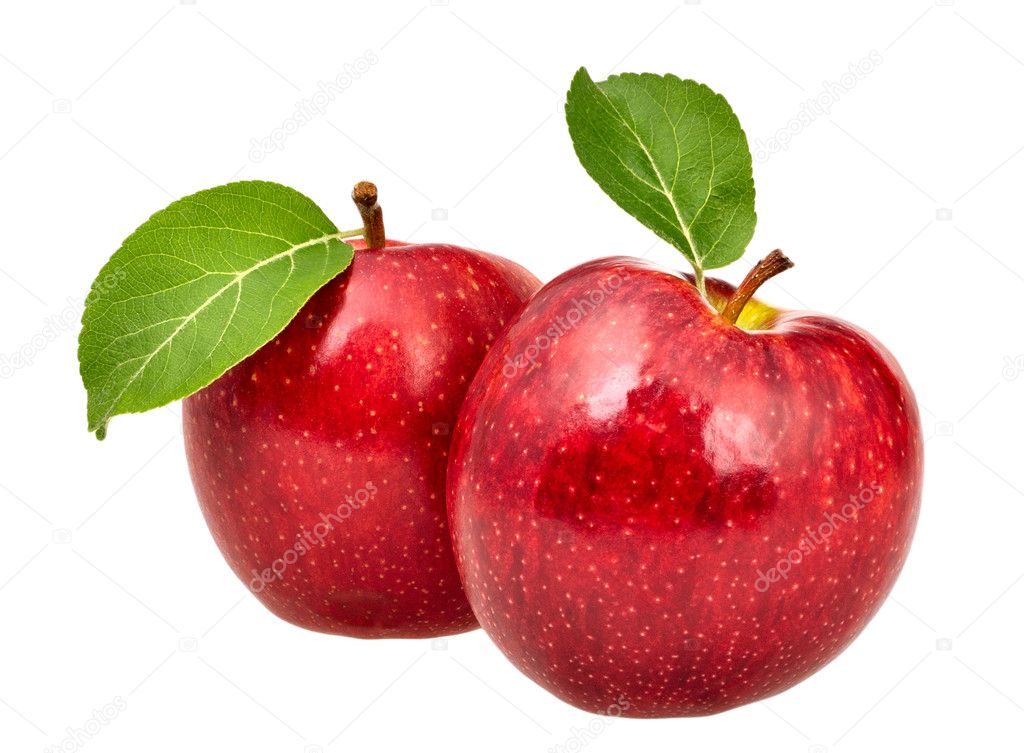 Two red apples with leaves