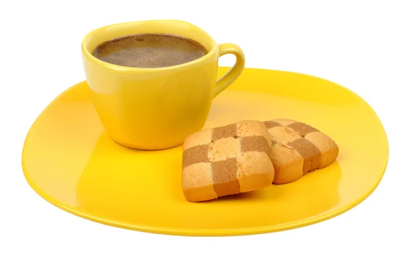 Kopi dan biskuit di piring kuning — Stok Foto
