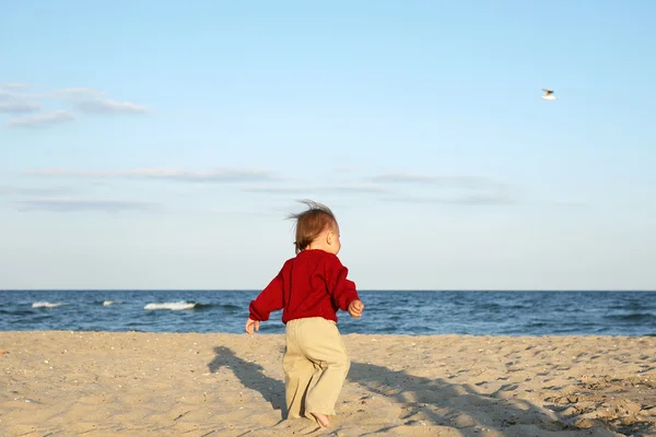Малыш бежит по морскому пляжу . — стоковое фото