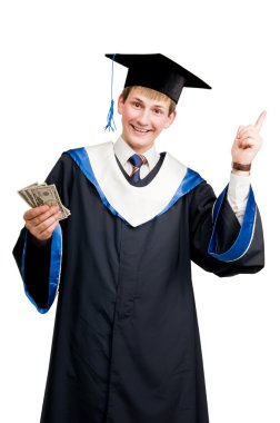 Smiley graduate student in cloak with money clipart